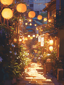 灯笼与花海的街道背景图片