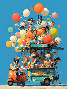 街头中五彩缤纷的气球与玩具摊位插画