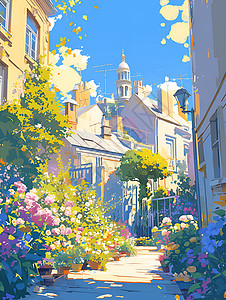 欧洲古典绚丽鲜花与房子插画