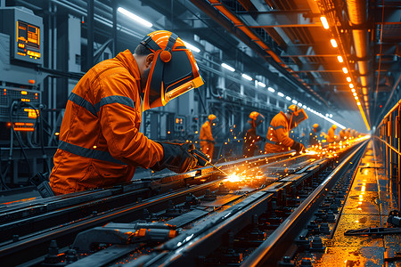 焊接中的焊工工人在重工业厂房内背景