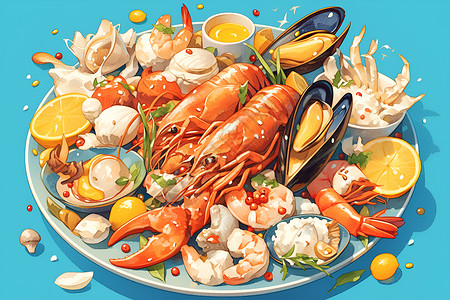 海鲜新鲜龙虾和贝壳插画
