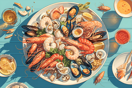 青口贝海鲜美味盘子里的海鲜大餐插画