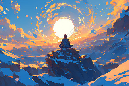山顶日出下冥想的人背景图片