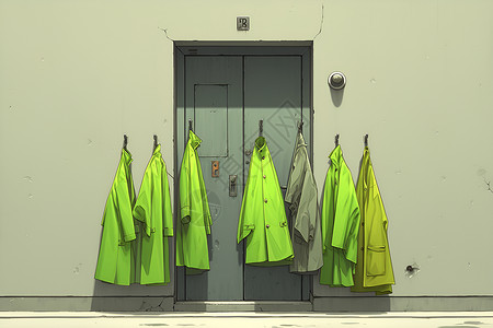 晾晒的衣服绿色雨衣插画
