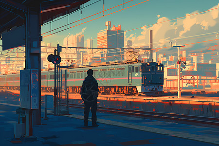 铁路站列车站台上等待的男人插画