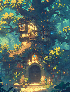 玛瑙屋魔幻森林中的树屋插画