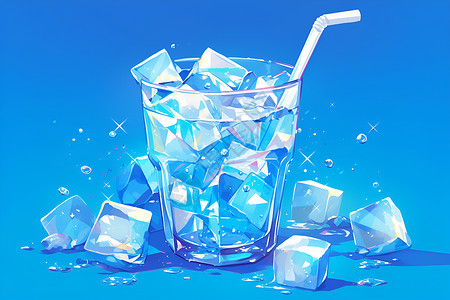 喝冰水蓝色玻璃杯里的冰块插画