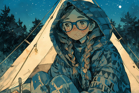 眼镜女孩在星空下露营背景图片