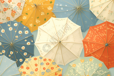好看的雨伞一组古董伞绘画插画