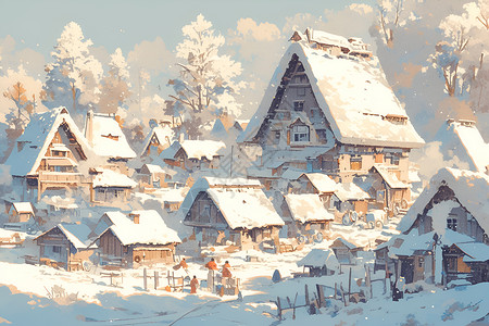 积雪覆盖冬日白雪覆盖的村庄插画