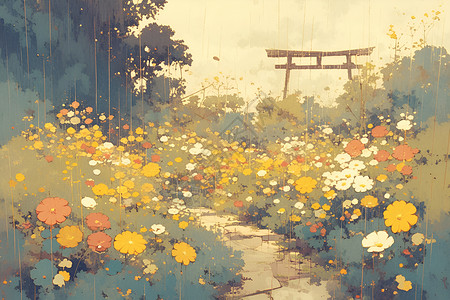 雨中鲜花雨中的花园插画