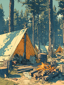 木屋营地伐木工人的营地帐篷插画