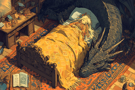 平躺在床上床上盘踞的黑龙插画