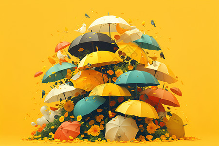 伞柄雨伞下的鲜花插画