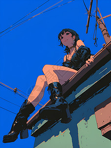 女子坐在屋顶上高清图片