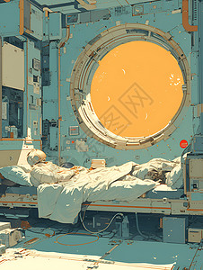 宇宙飞床太空站中的木质床插画