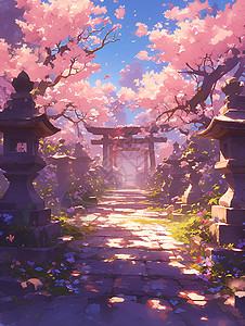 路径文字山寺前的樱花插画