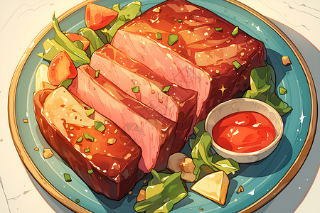 方形盘子美味的烤肉和蘸料插画