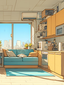 客厅玻璃窗户宁静惬意的客厅插画