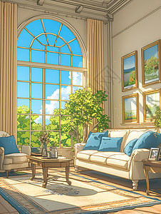 植物玻璃阳光下的客厅插画