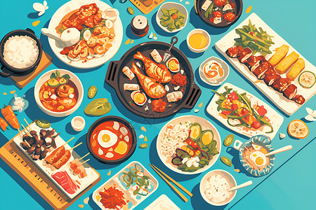 筷子夹鱼丰盛的美食插画