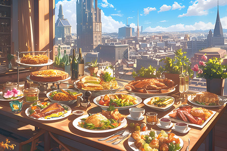 餐桌前的城市风景插画