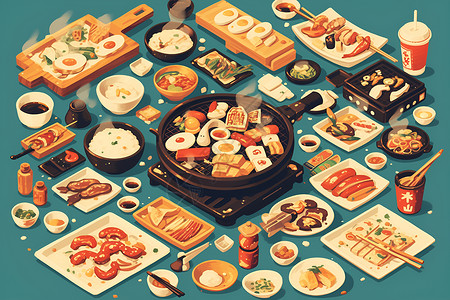 碗筷子满满当当的美食插画