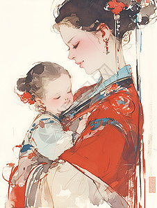 女性拥抱身着古装的母女插画