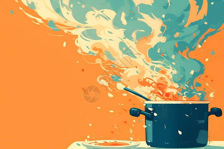 铁锅炖热气腾腾的锅插画