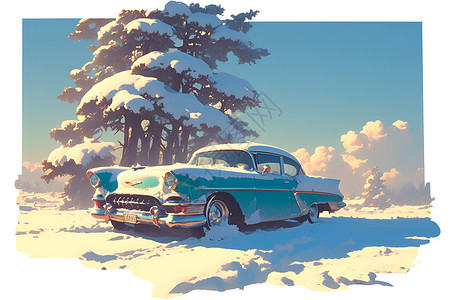 树木旁的古董车背景图片