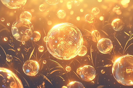 漂浮泡泡金光照耀下的泡泡插画