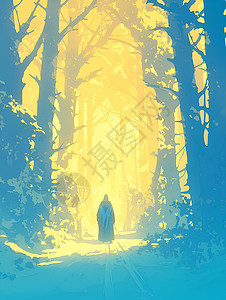 大树阳光神秘森林里的人插画