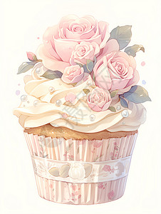 粉玫瑰和白玫瑰浅粉玫瑰和杯子蛋糕插画