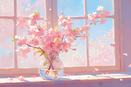 窗台上花朵窗台上的花瓶插画