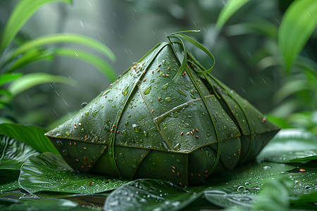 竹叶与水滴雨中的美味粽子背景