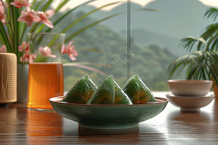 茶碗中绿色的粽子背景图片