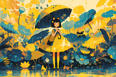 女孩站在荷叶上撑伞的女孩站在荷塘边插画