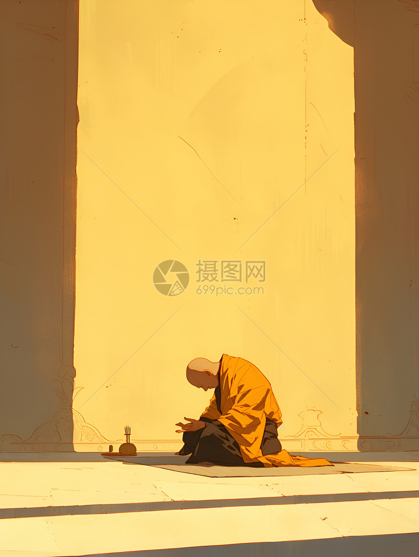 阳光下的静修僧人图片