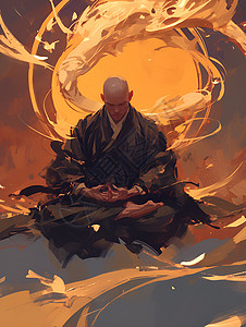 佛教和尚盘腿静修的僧人插画