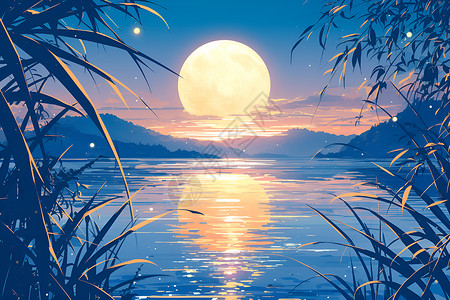 多尔多涅河月亮倒影在河流上插画