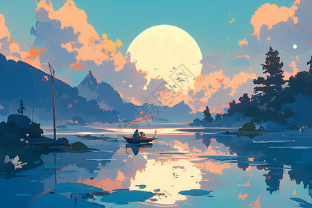 湘江河河流上的月亮插画