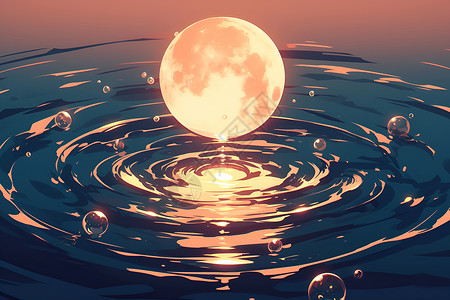 河流湖泊河面涟漪上的月亮插画
