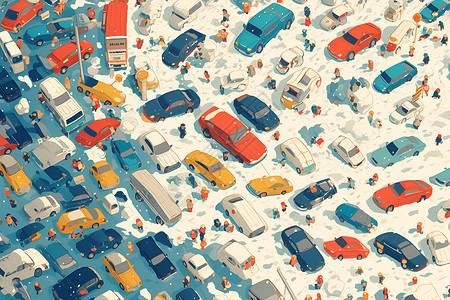 俯视停车场雪地停车场中的车辆插画
