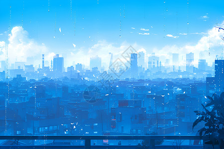 模糊城市背景湛蓝的现代城市插画