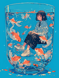 玻璃鱼小女孩与游鱼插画