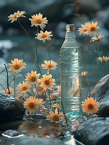 菊花瓶瓶装水和菊花背景