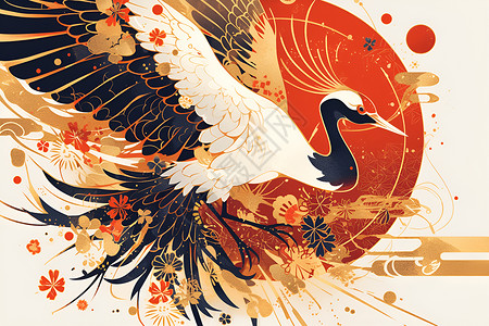 长颈鸟翱翔的仙鹤插画