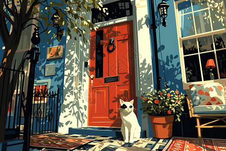 红房屋红门前的小猫插画插画