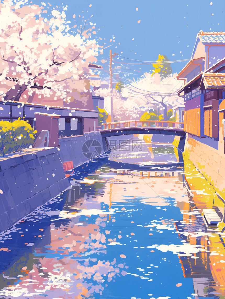 樱花河流上的桥梁图片