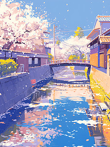 樱花河流上的桥梁高清图片
